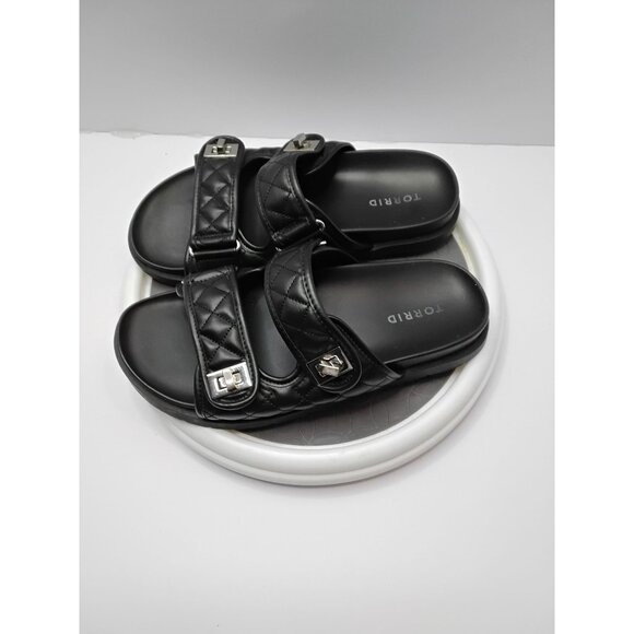 Torrid Womens Black Quilted Double Strap Slide Sandals W/ Silver Buckles Size 7. - Picture 7 of 7